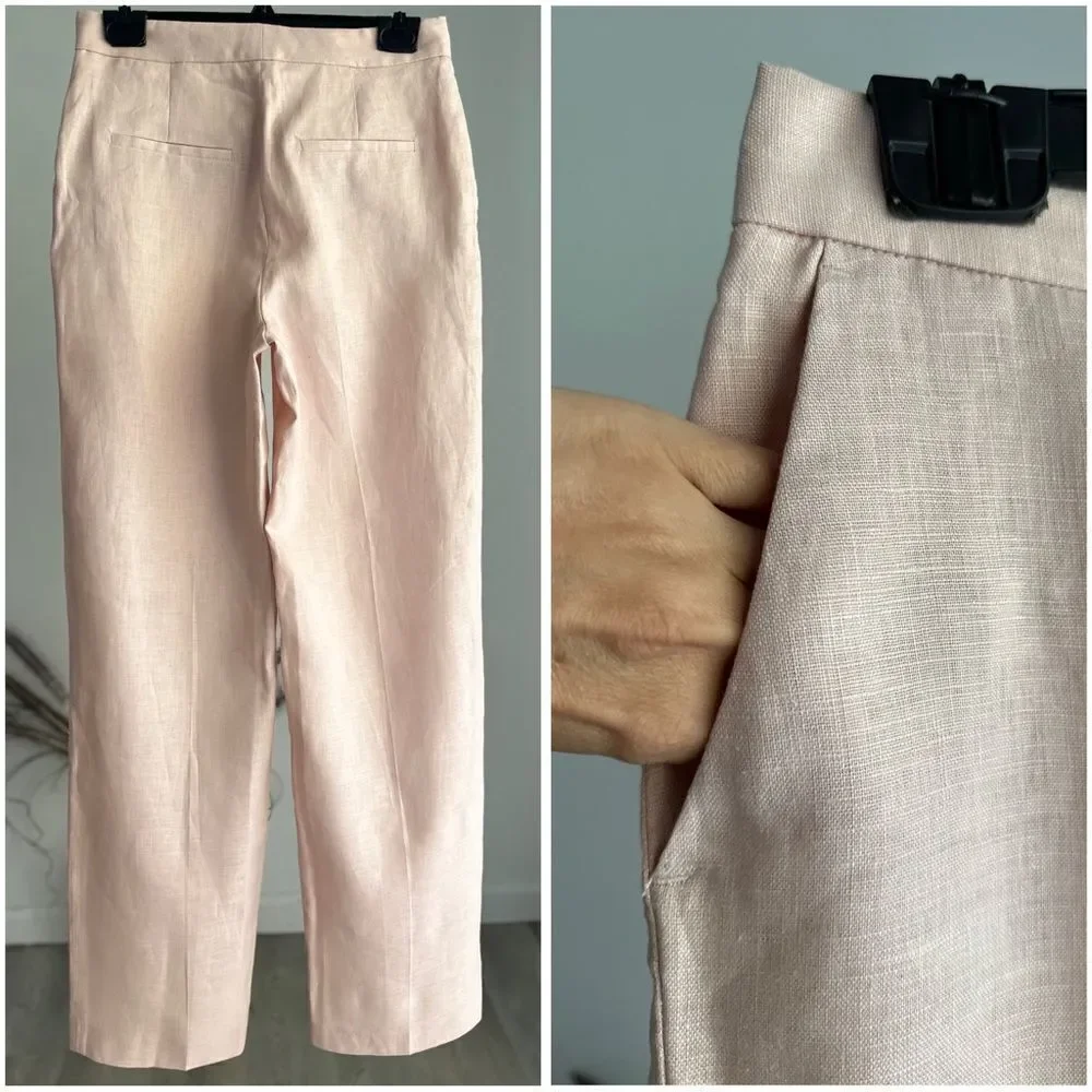 ZARA 100% LINEN STRAIGHT LEG PANTS BEIGE-PINK XS S L NWT